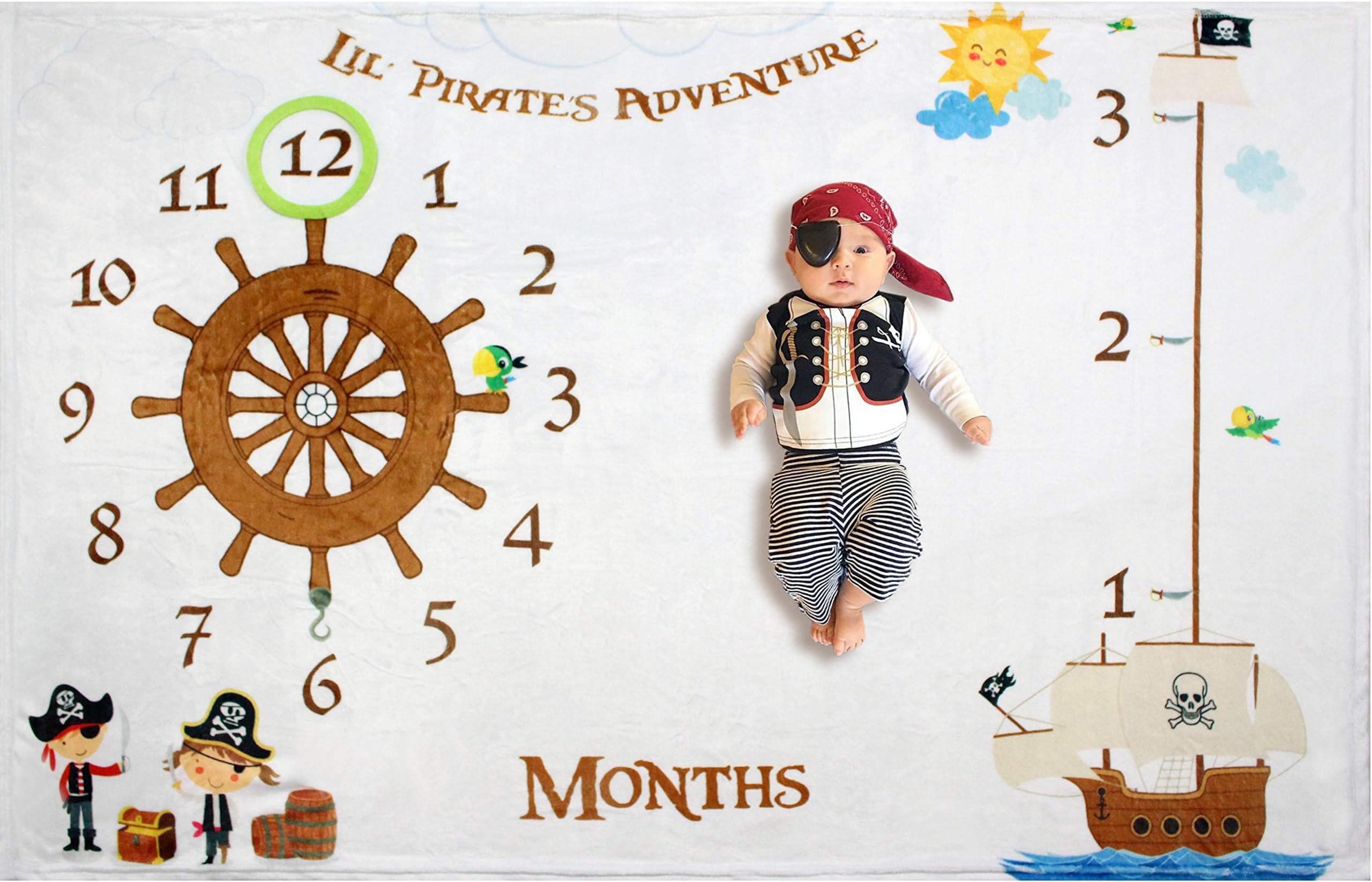 Lil Pirate Adventure Baby Monthly Milestone Blanket Backdrop Set for Boys & Girls | Large 60"x40" Fleece Infant First Year Photography Prop, New Mom Shower Gift, Age & Growth Memory, Ship Wheel Skull