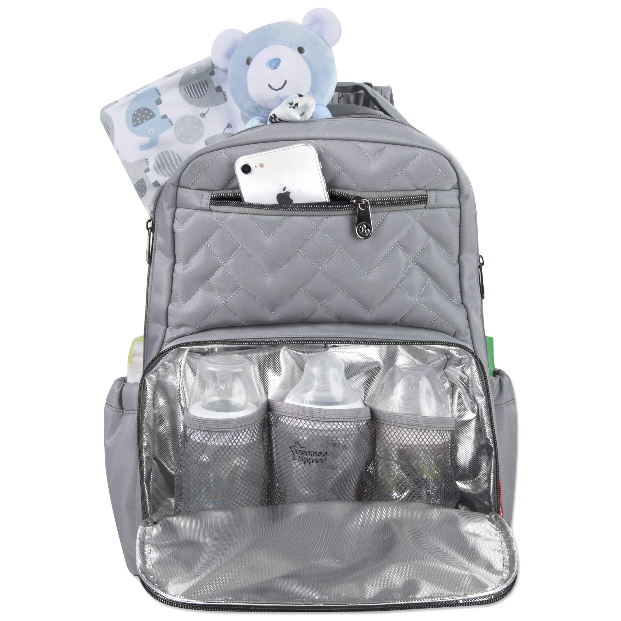 FISHER-PRICE BABY Baby Essentials Fisher-Price Signature Morgan Quilted Backpack Diaper Bag with Changing Pad, Stroller Clips, Laptop Compartment (Gray)