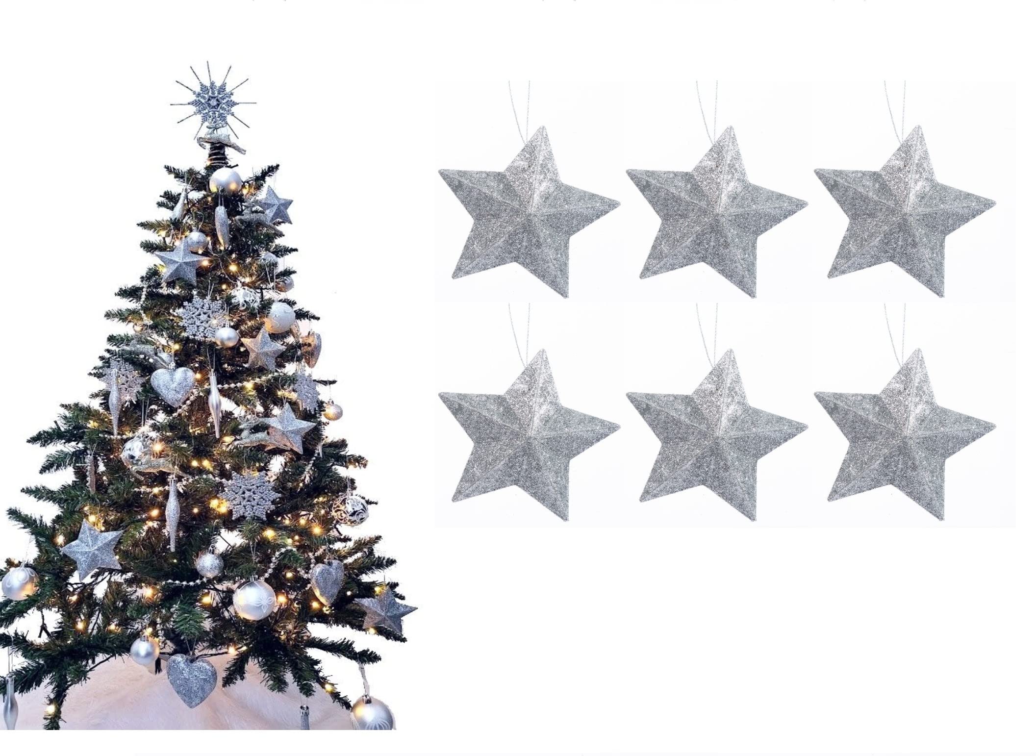 Pack of 6-8cm 3D Glitter Star Baubles Christmas Tree Decorations (Silver) — image 1