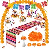 70 Pcs Day of The Dead Decoration Set Ofrenda Decorations for Altar 31 Marigold Flowers Garland 24 Dia De Los Butterfly 14 Day of The Dead Hanging Swirl Decorations,59 x 84 in Mexican Tablecloth