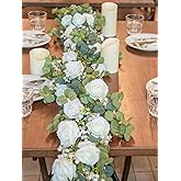 6FT Artificial Eucalyptus Garland with Flowers, 10 White Roses Baby Breath Garland Floral Greenery for Wedding Party Centerpiece Table Runner Backdrop Wall Decor Decoration