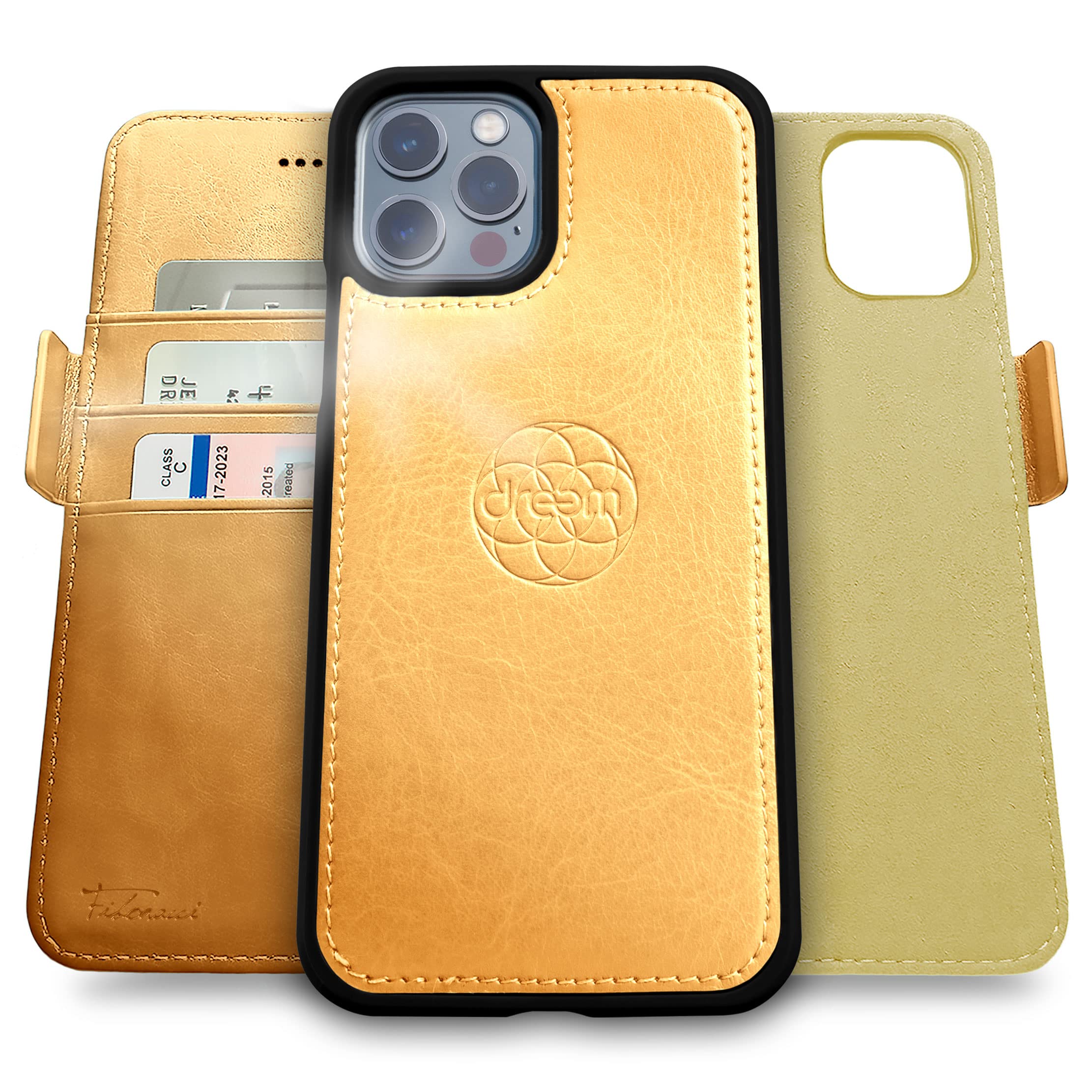 dreem Fibonacci wallet case compatible with iPhone 13 Pro / 2-in-1 shockproof case and detachable vegan leather folio, MagSafe compatible, RFID protection [Gold] — image 1