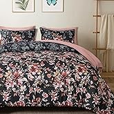 Dobuyly Black Comforter Set King Size, 7 Piece Floral Bedding Comforter Set, Black and Pink Bed in a Bag Botanical Flower Pattern with Sheets, Pillowcases & Shams All Season