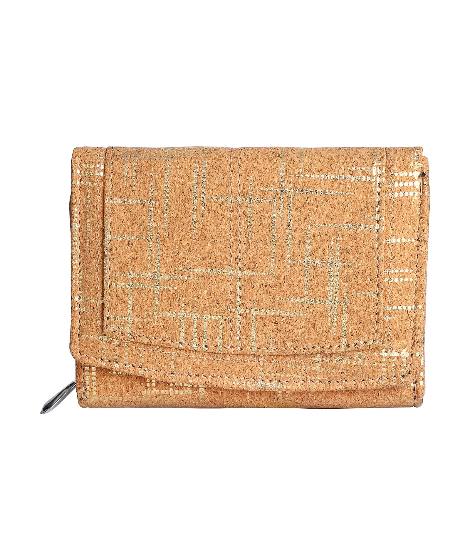 Hudson & James Ladies Designer Cork Vegan RFID Blocking Shield Compact Card Holder Wallet Purse Multi Card Women Clutch Wallet with Zip Pocket (Cork with Golden Accents)