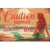 macago Mermaid Metal Sign Caution Mermaids Swim Here Vintage Metal Tin Sign Wall Art Decor for Home Swimming Pool Beach 8x12 inch