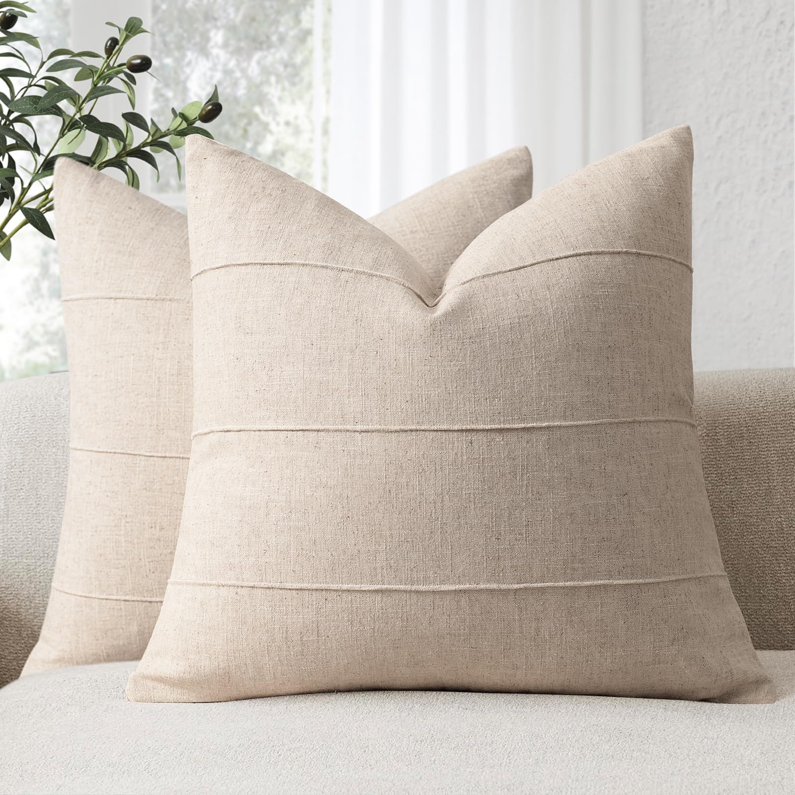 Photo 1 of Decorative Linen Throw Pillow Covers 18x18 Set of 2 Solid handcrafted Striped Cushion Covers for Bed Soft Modern Farmhouse Neutral Pillowcase for Couch Bedroom Living Room Home Decor(Natural Beige)