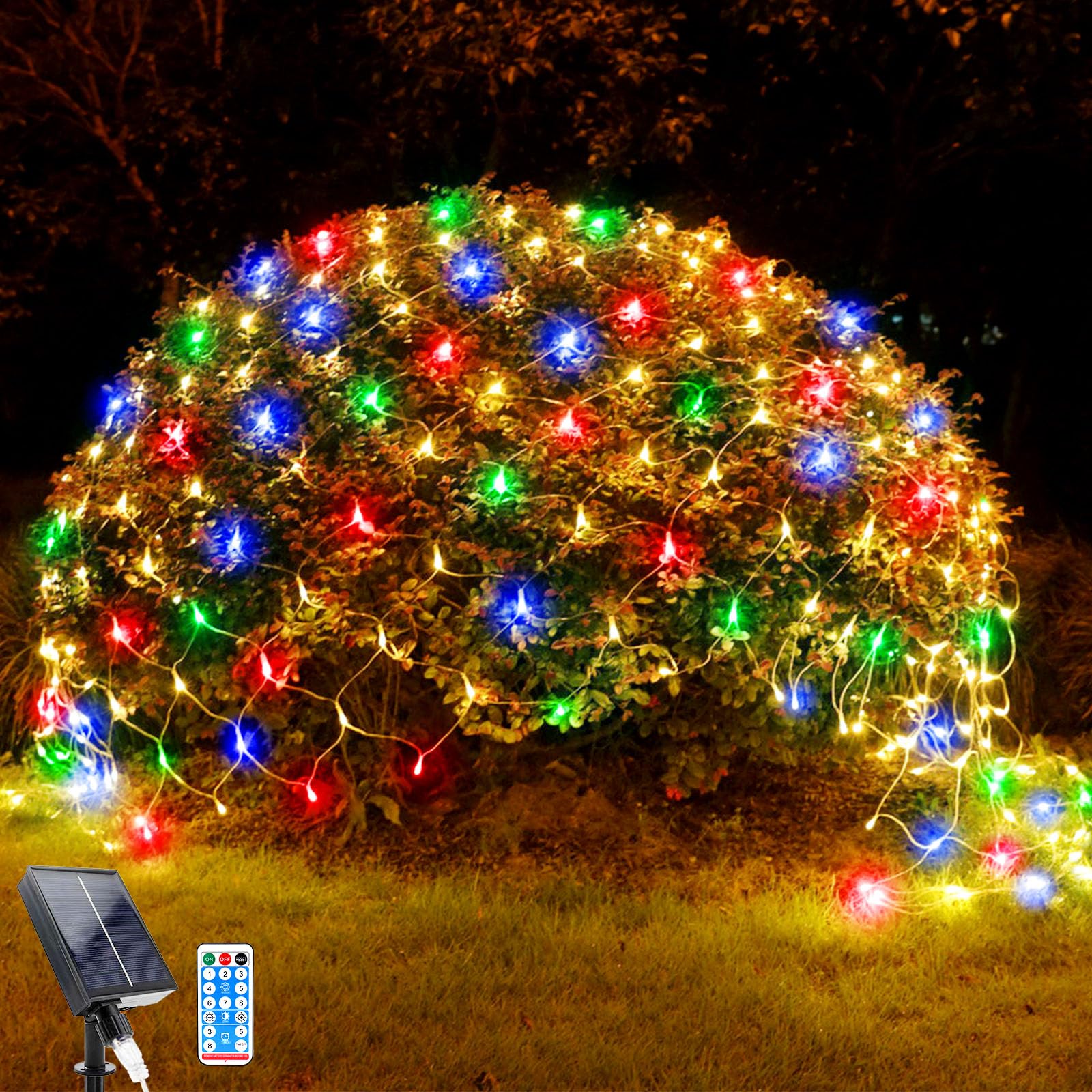 WoskjXas Solar LED Net Lights, 96 LED Mesh Fairy Lights, 8 Modes, 4.9 Ft x 4.9 Ft Garden Net Curtain Light, Remote Control, Waterproof - Ideal for Balcony Fence Christmas Decor (1.5M*1.5M, Colorful)