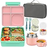 Reeple Bento Lunch Box for Kids with 12oz Soup Thermo, Leak-Proof Lunch Containers with 5 Compartments, Insulated Lunch Bag, Thermo Hot Food Jar with Spoon for Kids to School, Travel, Pink