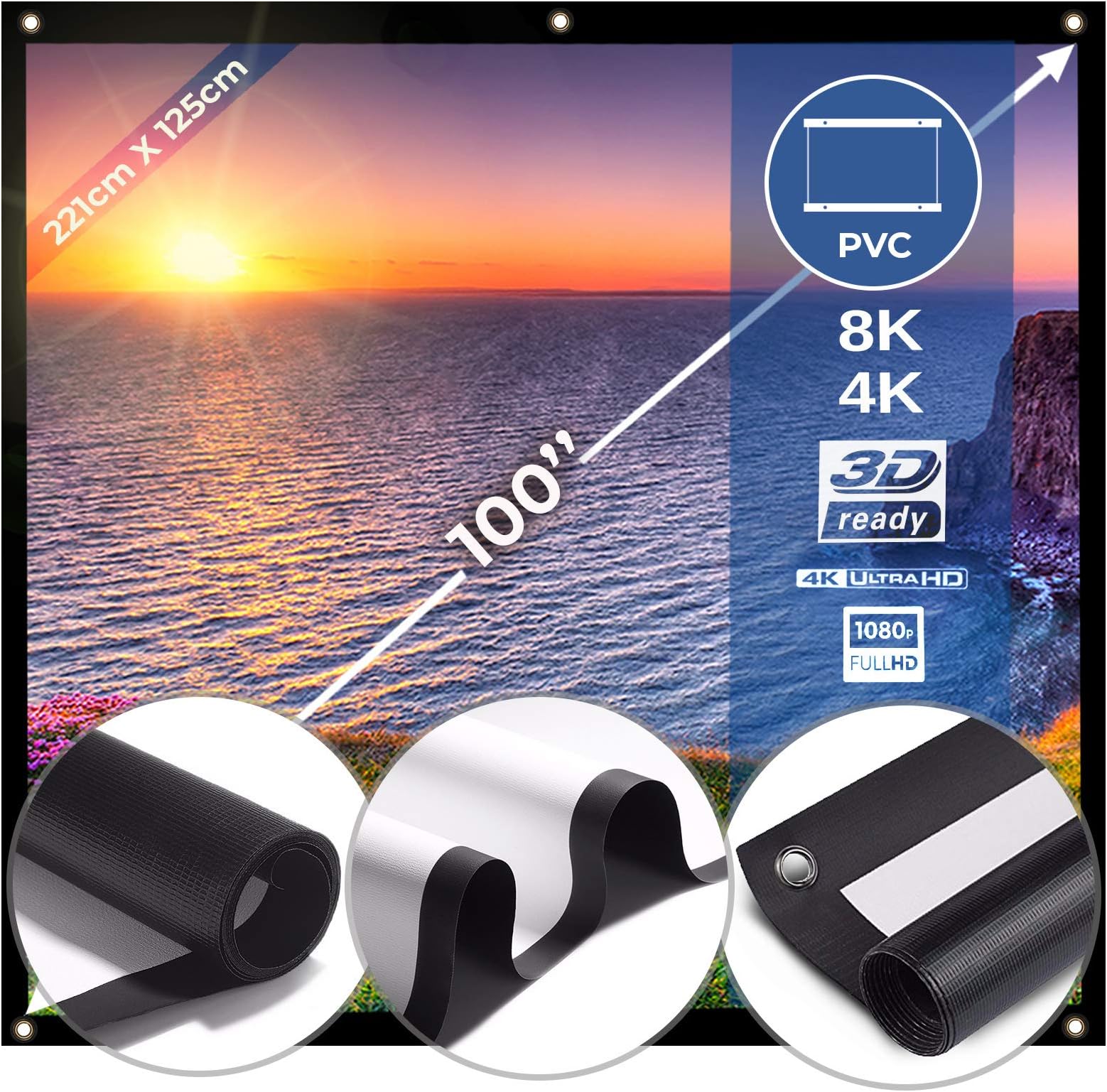 Portable Projector Screen 100'' - PVC canvas, Size choice 80,100,120 In, Size 16:9 HD - Compatible with home theater projectors, conference rooms, indoor, outdoor - Cinema Movie Projection Panel