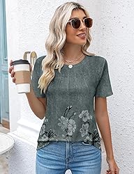 Kistore Womens Summer Crew Neck Pleated Floral Tops