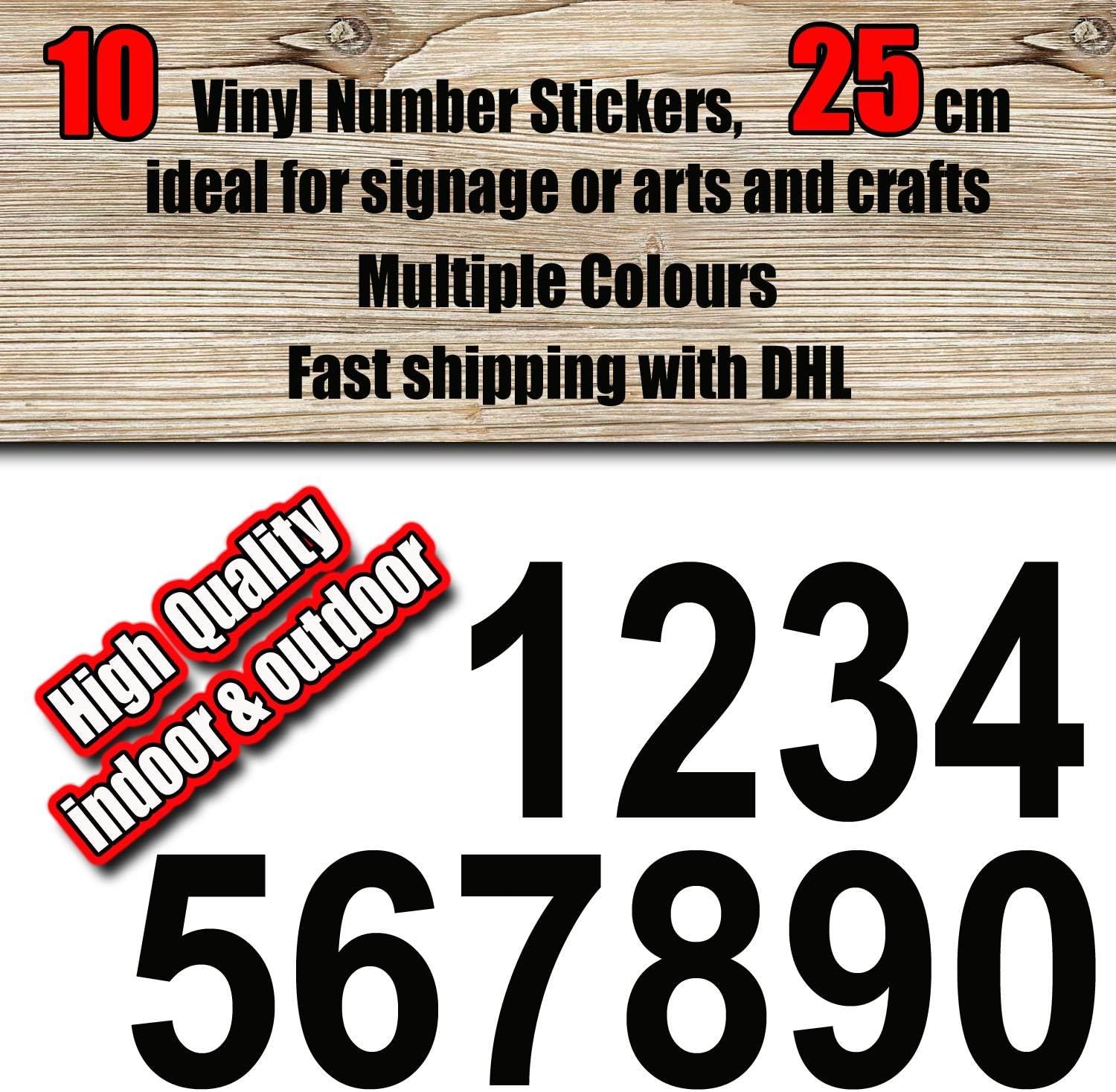 10 x Vinyl Number Stickers Numbers 250 mm/25 cm " VINYL Stickers HIGH QUALTITY self adhesive for indoor & outdoor for signage or arts and crafts,suitable for use at home, school or work, Multiple Colours, Sticker Decal,Weatherproof,Adress, Domain, website,Name, for Boat, Bike Jetski, car,Racing Number, Start, Racingnumber