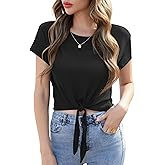 TASAMO Women's Summer Crop Top Lightweight Short Sleeve Tie Front Loose Fit Stripe Thin Tee Slightly Sheer T-Shirt