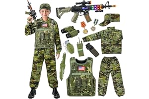 Kids Army Costume for Boys, Military Soldier Costume with Army Toys, Boys Halloween Costume with Camouflage Vest, Solider Boy