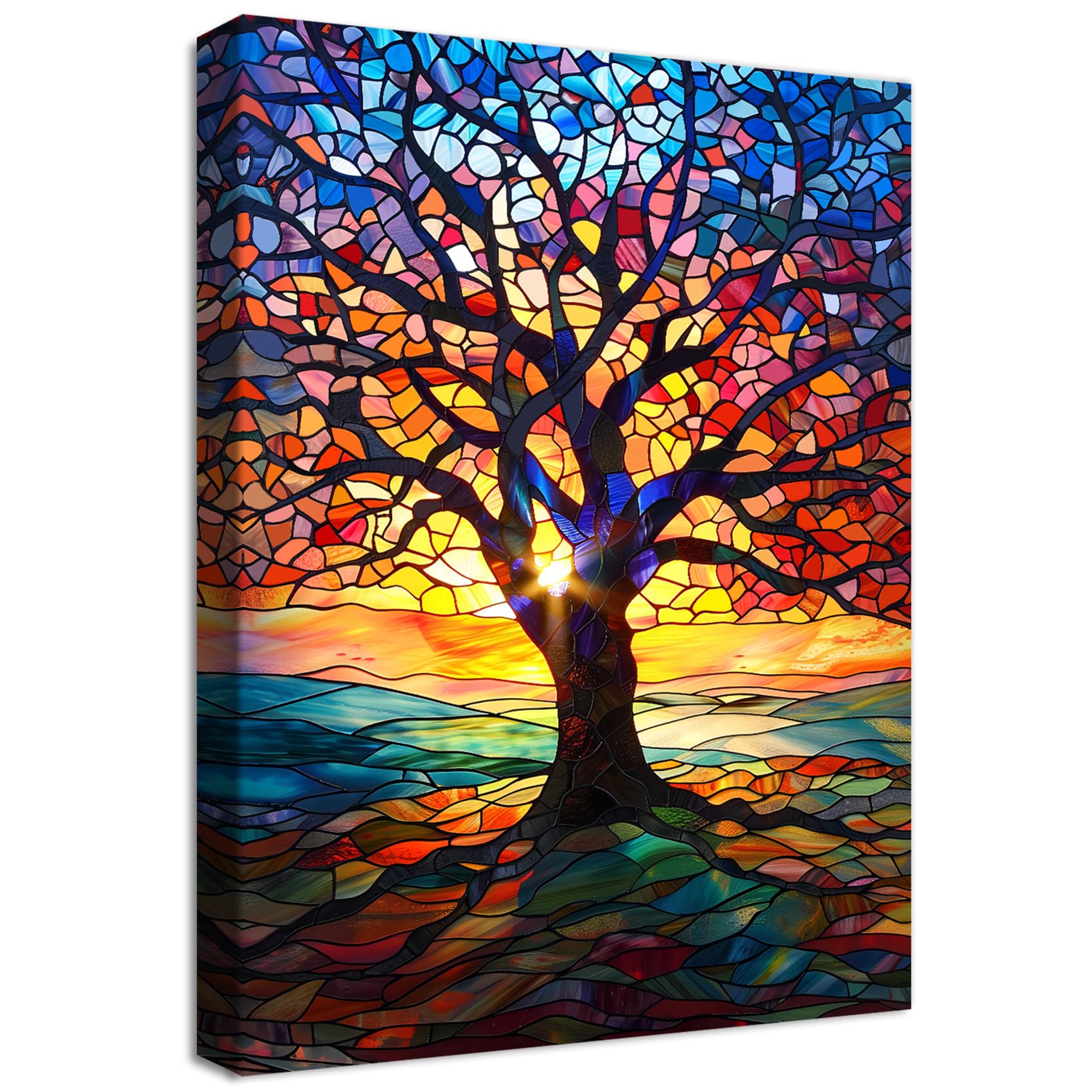 Wooden Framed Canvas Wall Art Colorful Tree of Life Canvas Print Abstract Red Yellow Blue Picture Painting Poster for Living Room Bedroom Bathroom Corridor Home Wall Decoration Ready To Hang 30x40cm