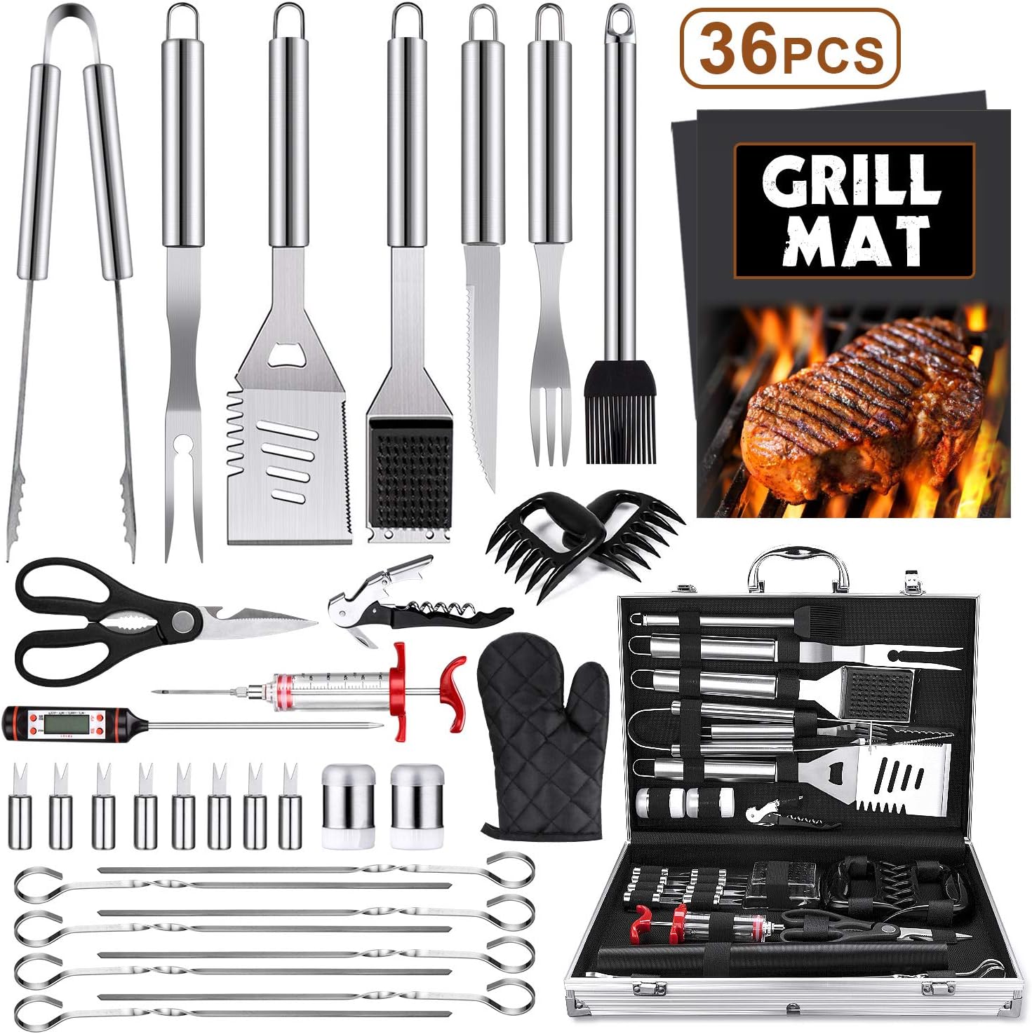 LUYATA 36PCS BBQ Grill Accessories Tools Set, Stainless Steel Grilling Barbecue Tool Kit with Aluminum Case, 2 Grill Mats and Meat Injector for Backyard Outdoor Camping Birthday Party