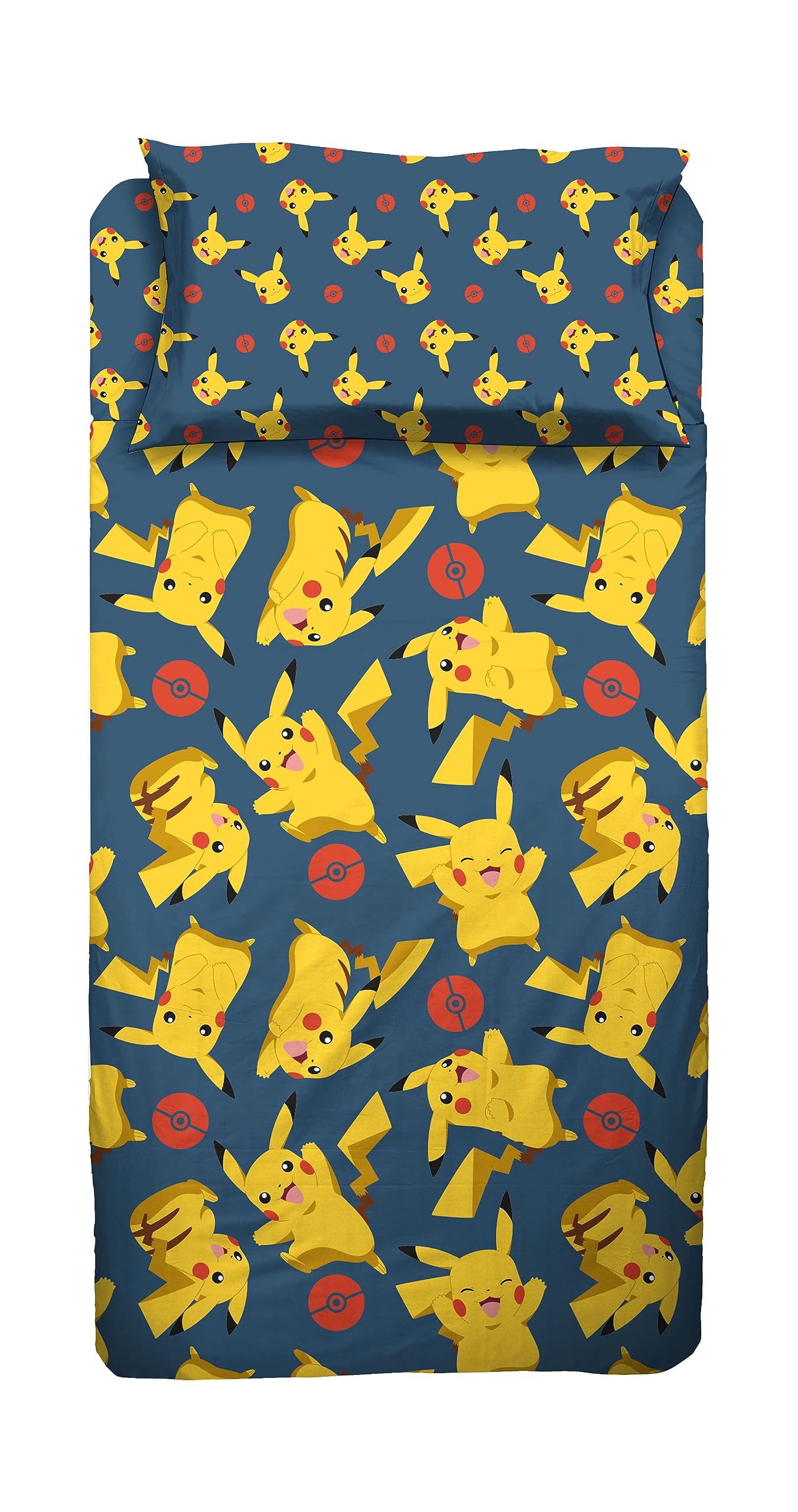 Pokemon Single Bed Sheet Set, Single Bedroom, Complete Bed, Top Sheet, Fitted Sheet, Pillowcase, 100% Cotton, Official Product