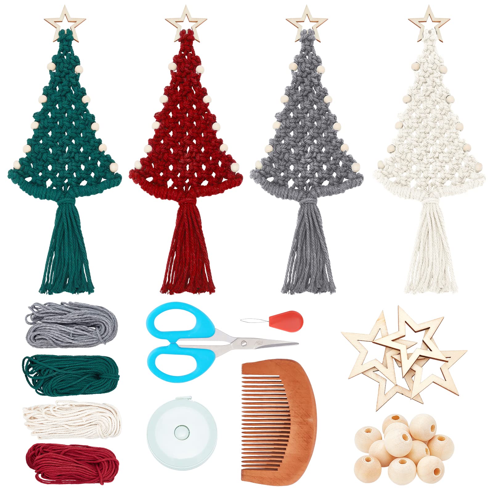 FREEBLOSS 4 Set DIY Macrame Christmas Tree Kit Macrame Kit for Beginners Christmas Tree Hanging Ornaments Macrame Wall Hanging Come with Instructions Christmas Decoration