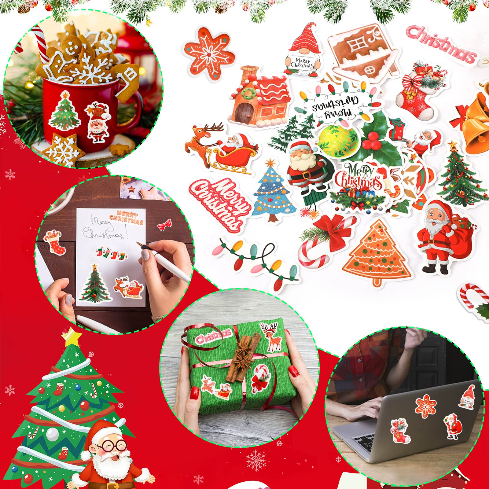 JULBEAR 200PCS Christmas Stickers, Non-Repeating Vinyl Holiday Party Stickers for Water Bottles, Cards, Scrapbooking Crafts Christmas Decorations Party Favors, Christmas Gifts for Kids Teens Adults