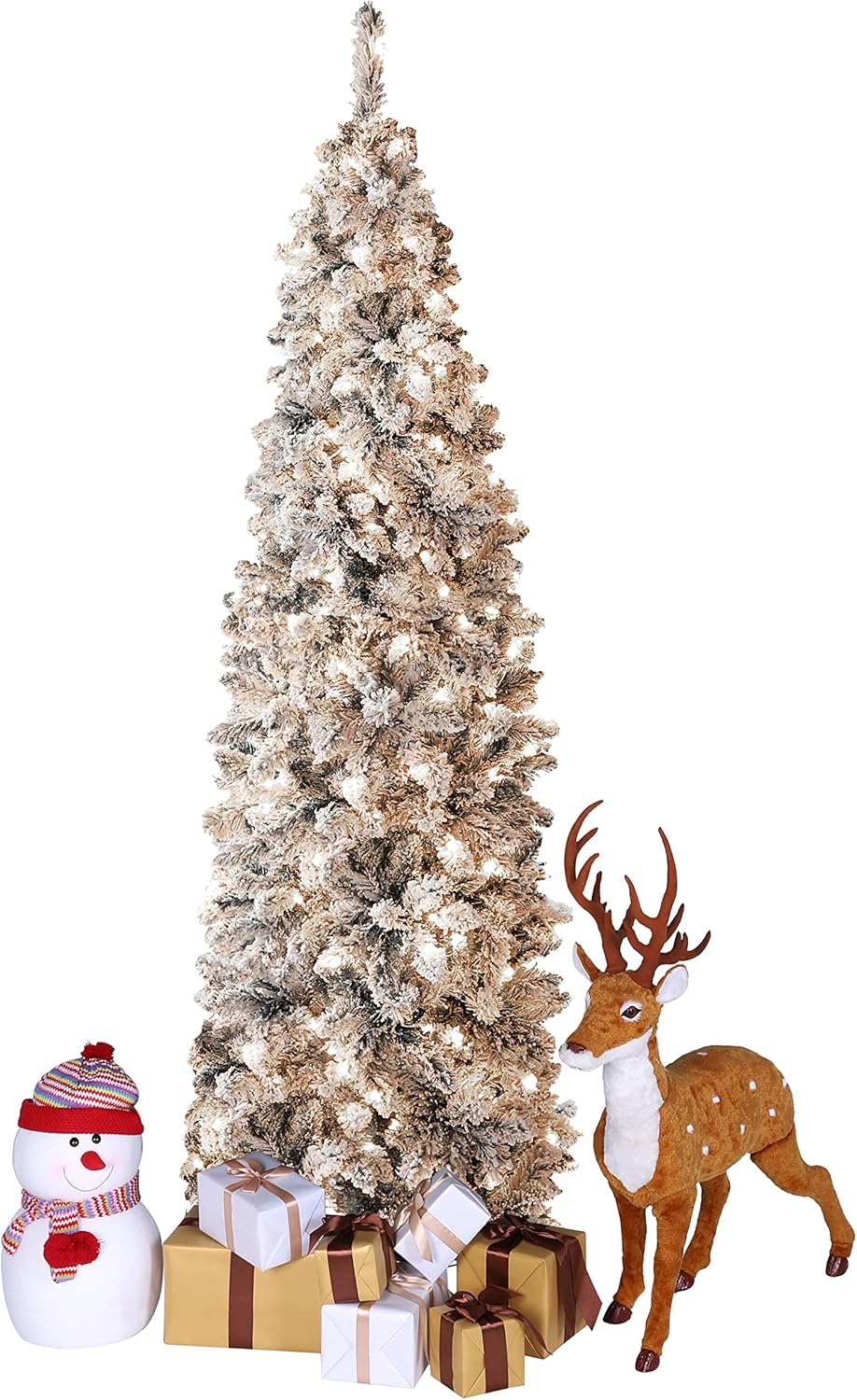 Trees - VEIKOU 8FT Snow Flocked Christmas Tree, Artificial Pencil Christmas Tree, Pre Lit Christmas Tree for Indoor Holiday Decoration w/ 300 Warm White Lights & 800 Tips