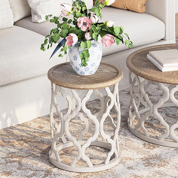 KARLOTT FARMHOUSE END TABLE, 18.5” FRENCH COUNTRY ROUND SIDE TABLE, DISTRESSED TRAY TOP SIDE TABLE WITH CURVED MOTIF FRAME BASE FOR BOHO, END TABLES LIVING ROOM, BEDROOM, SMALL SPACE, EASY ASSEMBLY
