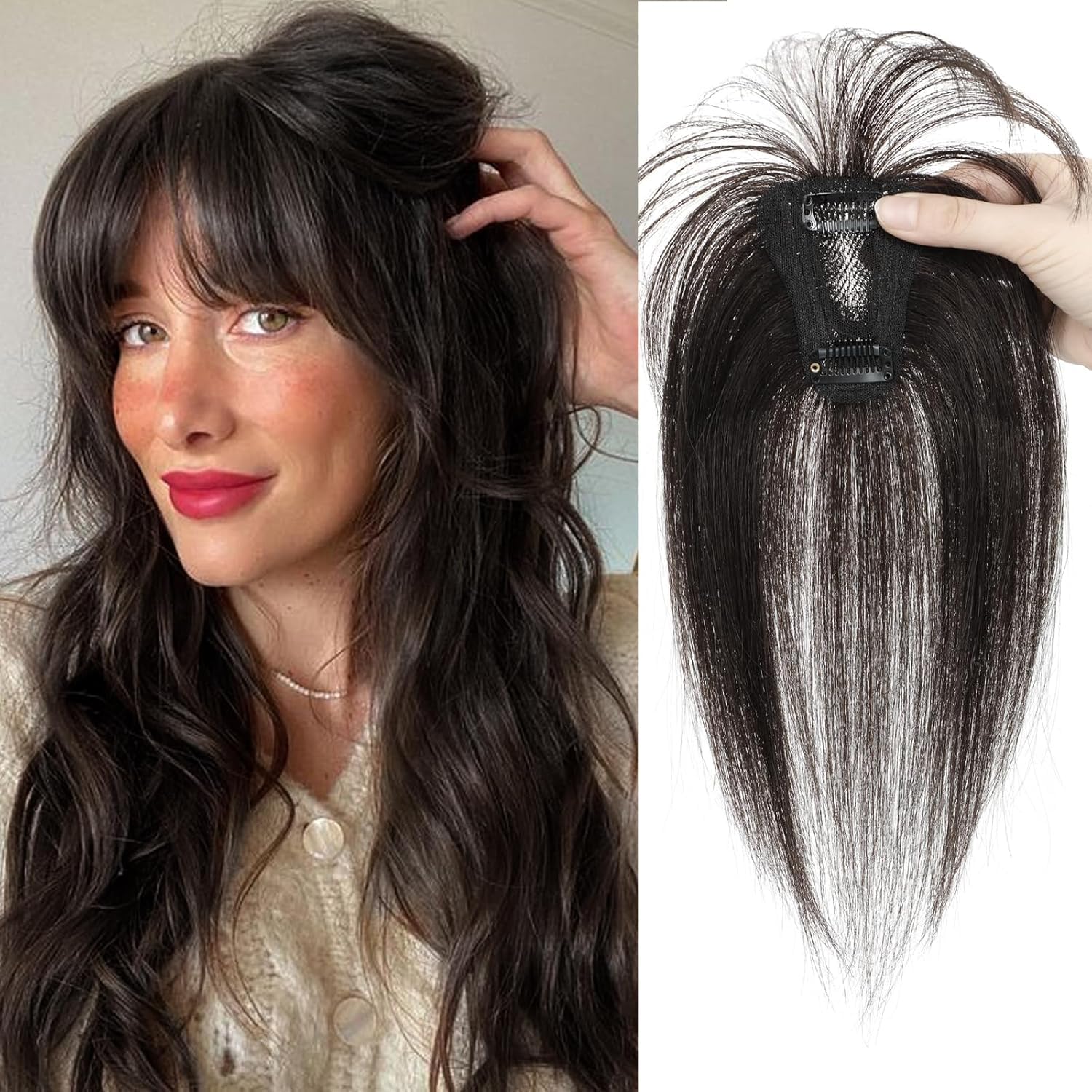 Clip In Fringe Bangs 360° 3D Cover Clip in Bangs 100% Real Human Hair Toppers with Bangs，Natural Black Hair pieces Clip on Bangs for Women Fake Bangs for Daily Wear — image 1