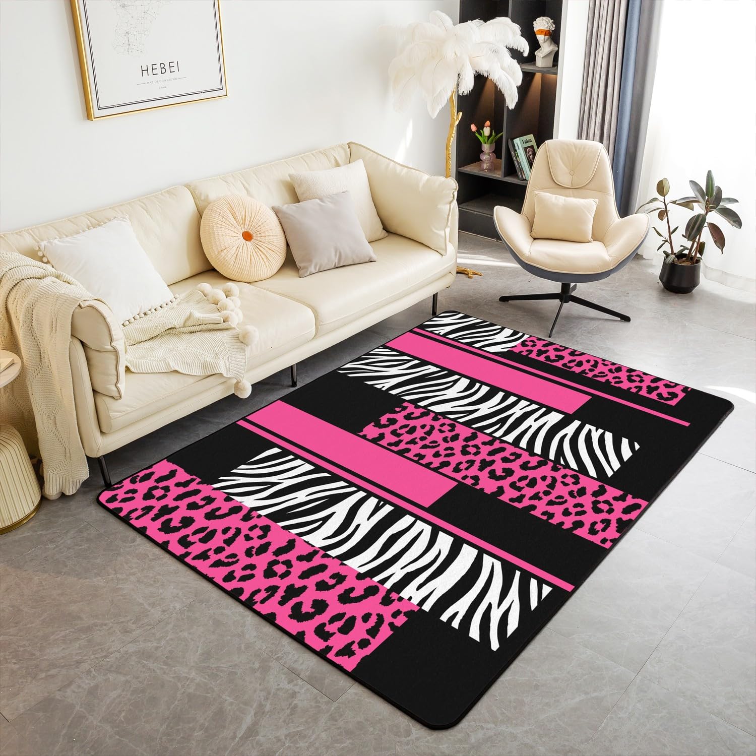 Loussiesd Leopard Zebra Living Room Rugs Area Rug 150x200cmCheetah Pink White Black Accent Rug for Animal Print Indoor Floor Mat Non-slip Safari Rug