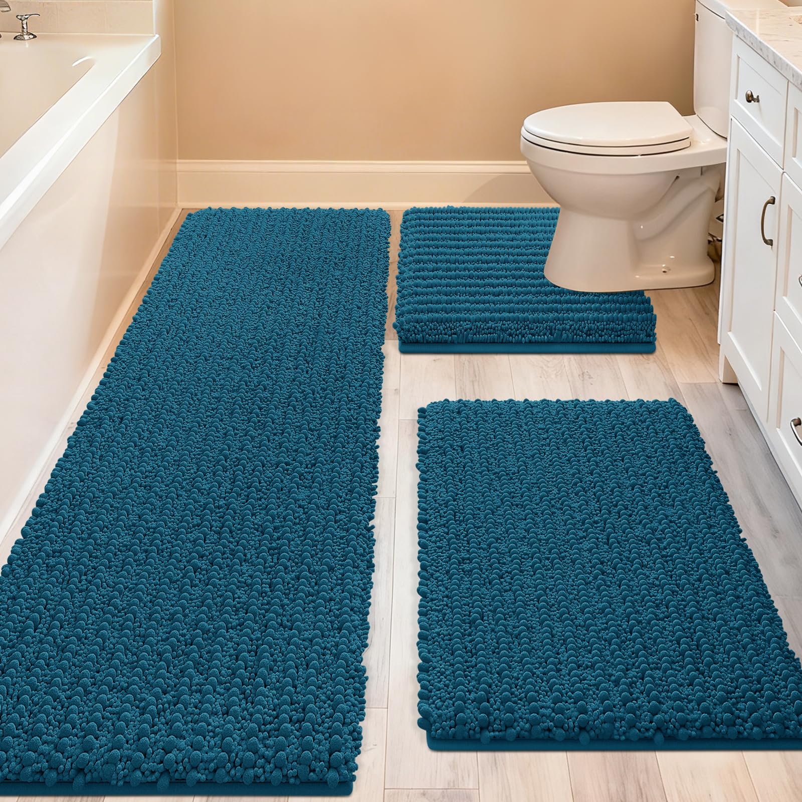 ACCUMTEK Upgrade Extra Large Teal Blue Bathroom Rug Set 3 Pieces Ultra Soft, Thick Absorbent Bath Mats, Non Slip Chenille Toilet Mat for Bathroom, Bedroom, Kitchen Image