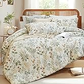 Merryword 100% Cotton Comforter Set King Size 3 Pcs Botanical Comforter Set Nature Floral Bedding with Greenery & Orange Flowers, Soft Breathable Lightweight Comforter Set for Cozy Bedroom Style