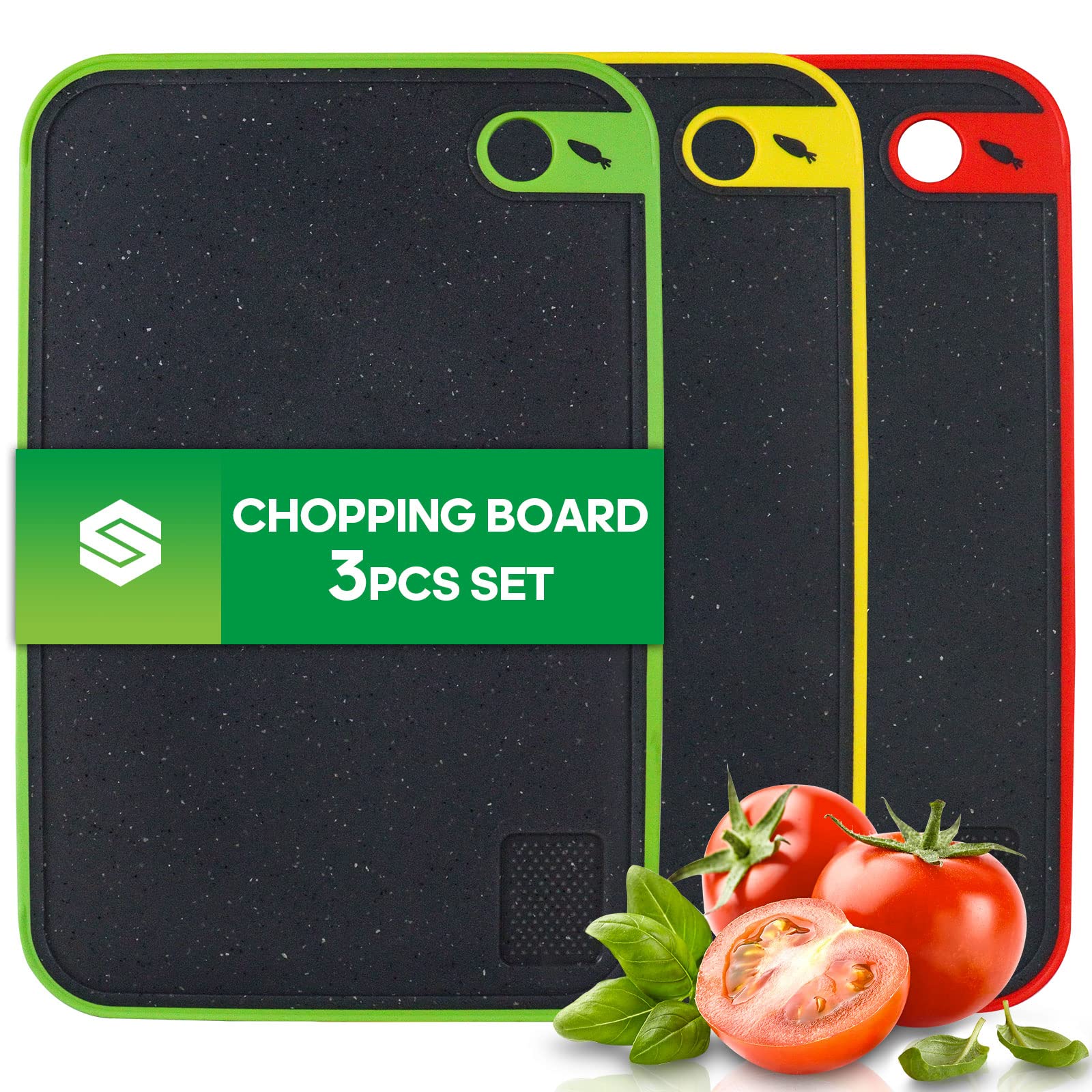 BOCHION Chopping Board Set, 3 Thick Plastic Cutting Boards with Non-Slip Feet and Garlic Press Grove, Large Chopping Boards for Kitchen BPA Free, Ideal for Meat/Fruits/Vegetables/Bread (Black)