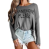 CURBODO Womens Fashion 2026 Champagne Please Graphic Long Sleeve Pullover Sweater Loose Crewneck Knitted Sweatshirt Tops