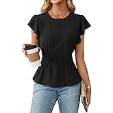 Blooming Jelly Women's Dressy Casual Blouses Business Ruffle Short Sleeve Tops Summer Crew Neck Smocked Shirts