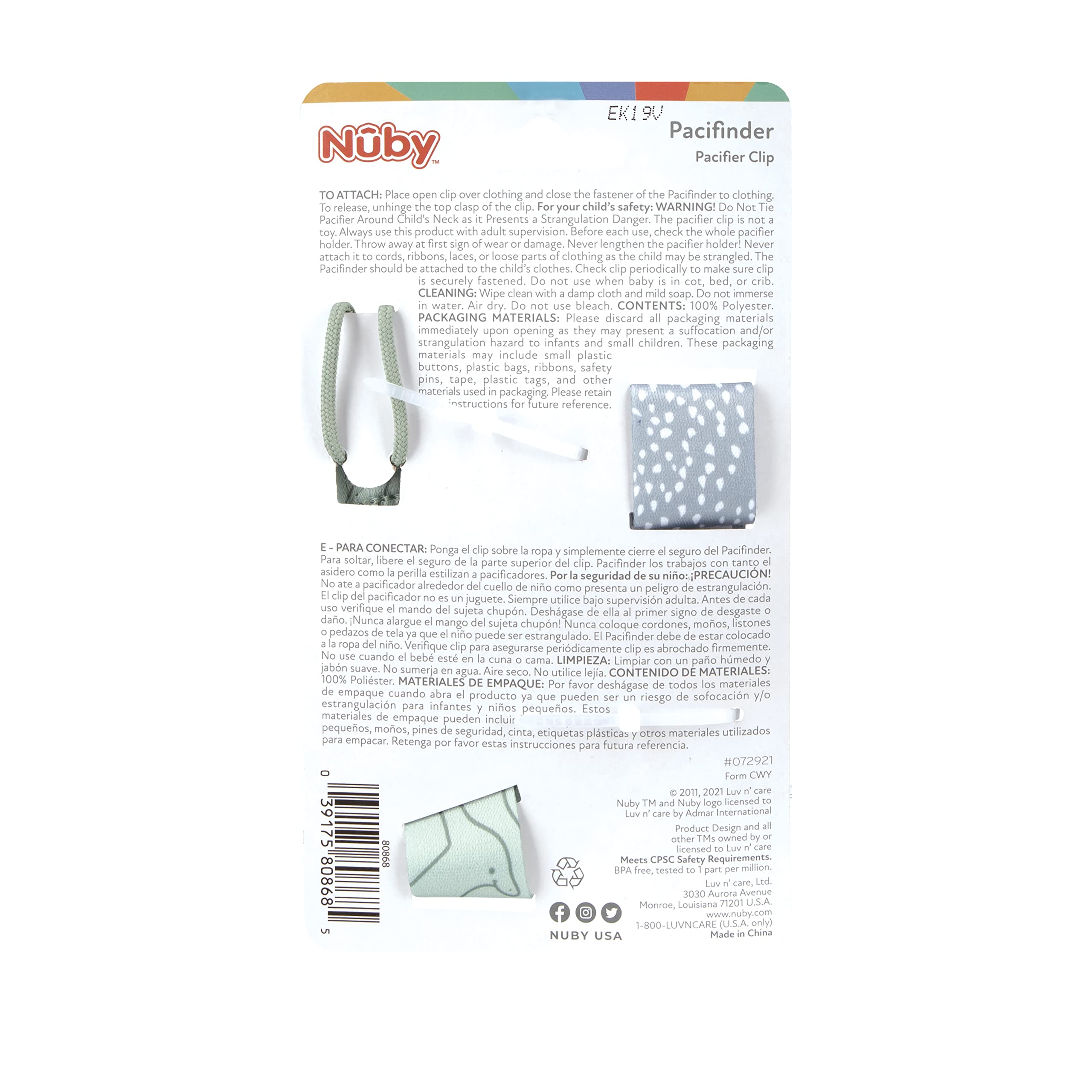 Nuby Pacifinder Baby Pacifier Clip - (2-Pack) - Pacifier Holder Clip with Convenient Hook Loop - Blue Dots and Green Dino