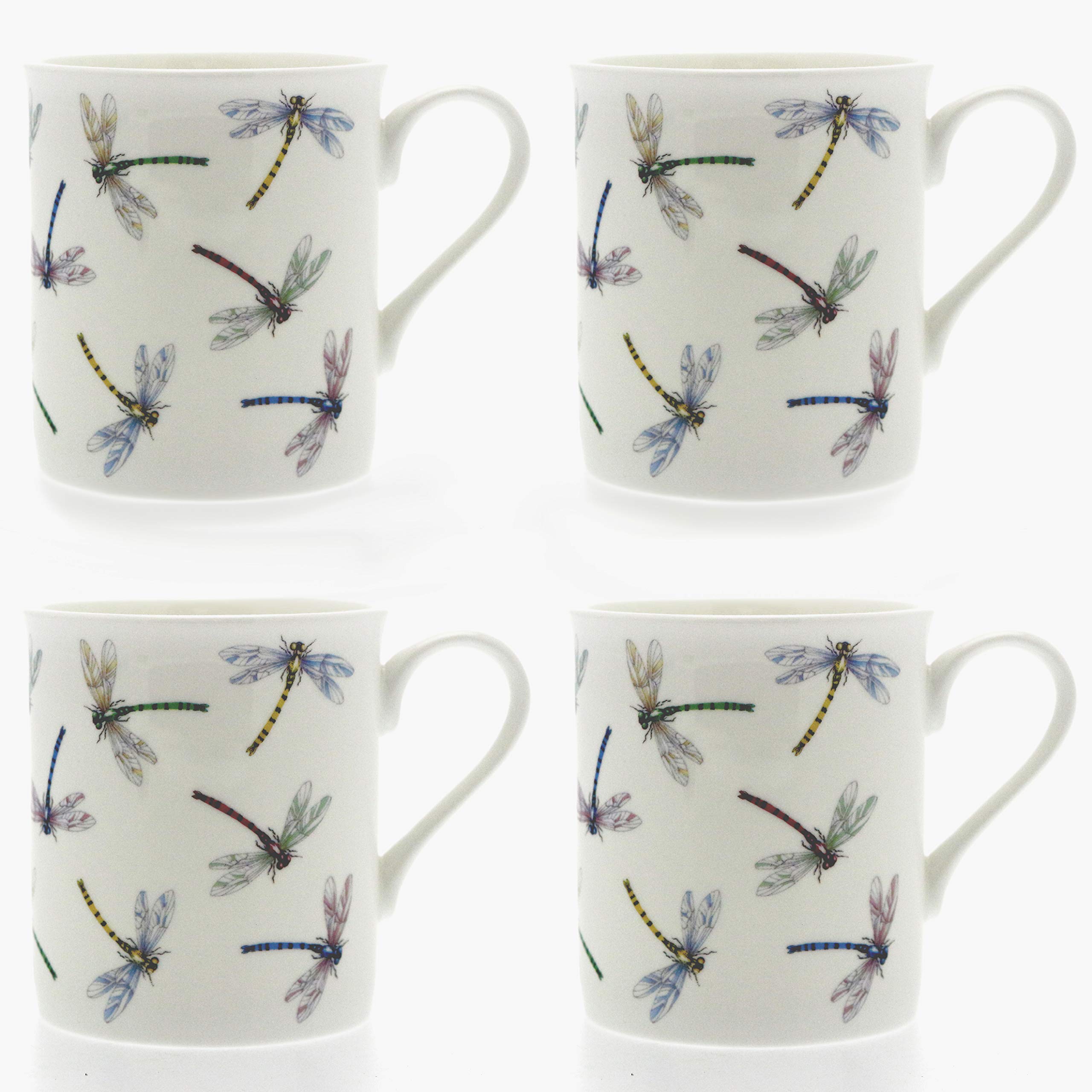 Set 4 Fine Bone China Mugs - Dragonflies Design