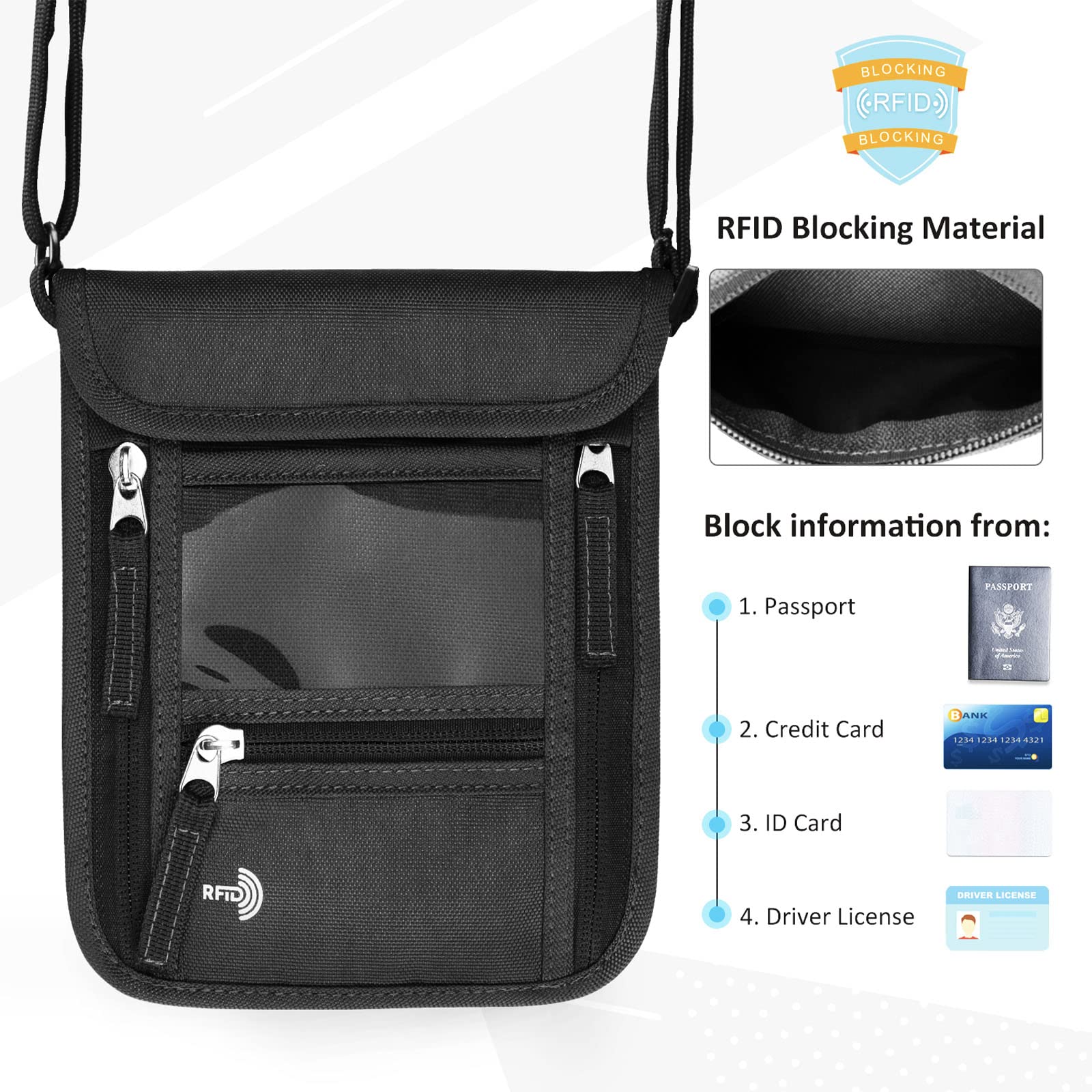 WALNEW Passport Holder Neck Pouch Travel Wallet for Women and Men, RFID Blocking Security Slim Traveling Wallet with Around Neck Lanyard Strap