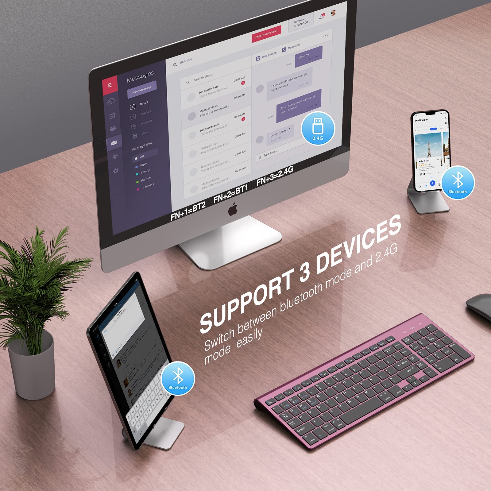 JOYACCESS Bluetooth Keyboard,Multi-Device (2.4G+BT3.0+BT5.0) Wireless Bluetooth Keyboard Compatible with iMac/Mac,MacBook,Laptop,Android,Windows-Wine Red