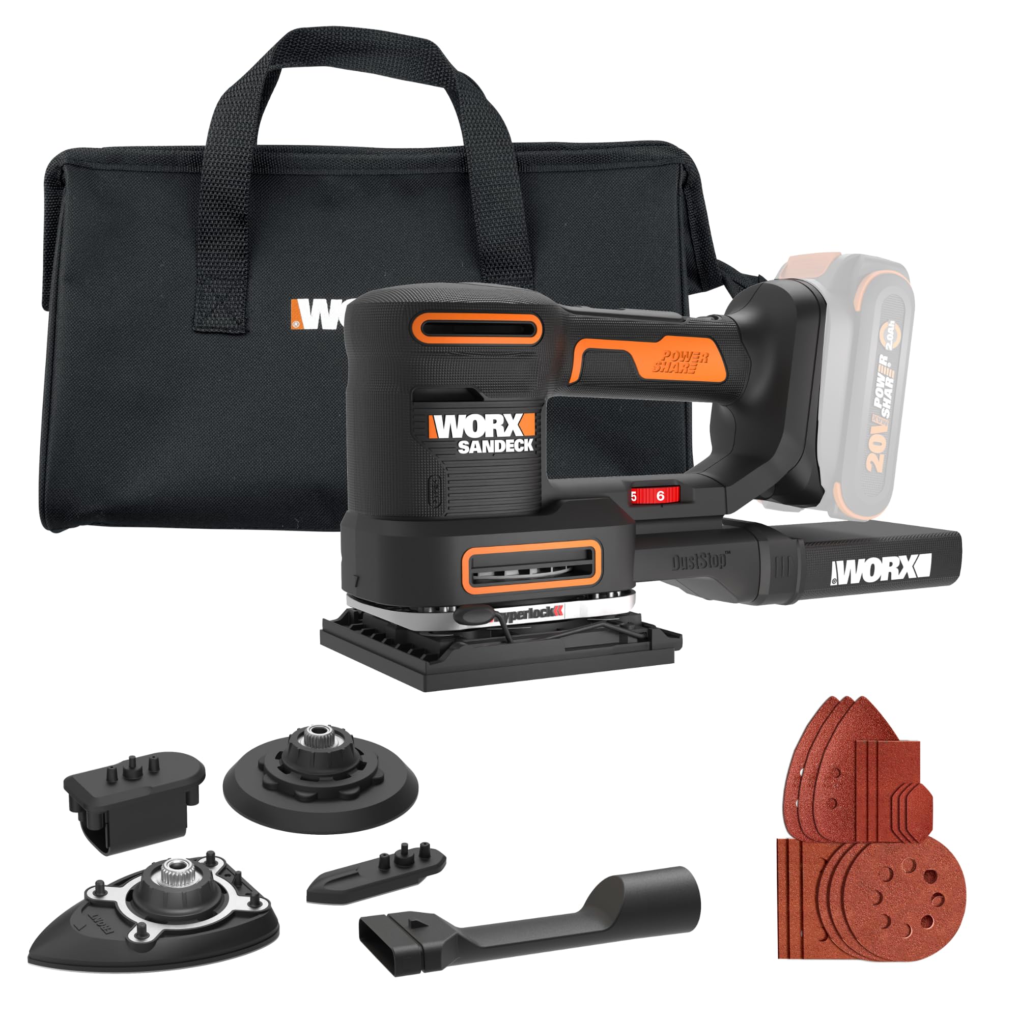 WORX Cordless Sander, 20V 10,000 orbits/minute Electric Sander, 5-in-1 Functions, Tool-less Sanding Pad Change, Tool Only, PowerShare Image