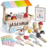 Wooden Ice Cream Cart Toy Playset with Ice Cream Toys Pretend Play Food Truck Play Kitchen Accessories with Ice Lolly & Scoop & Menu Wooden Toys Gift for 3 4 5 6 7 8 Year Old Girls Boys