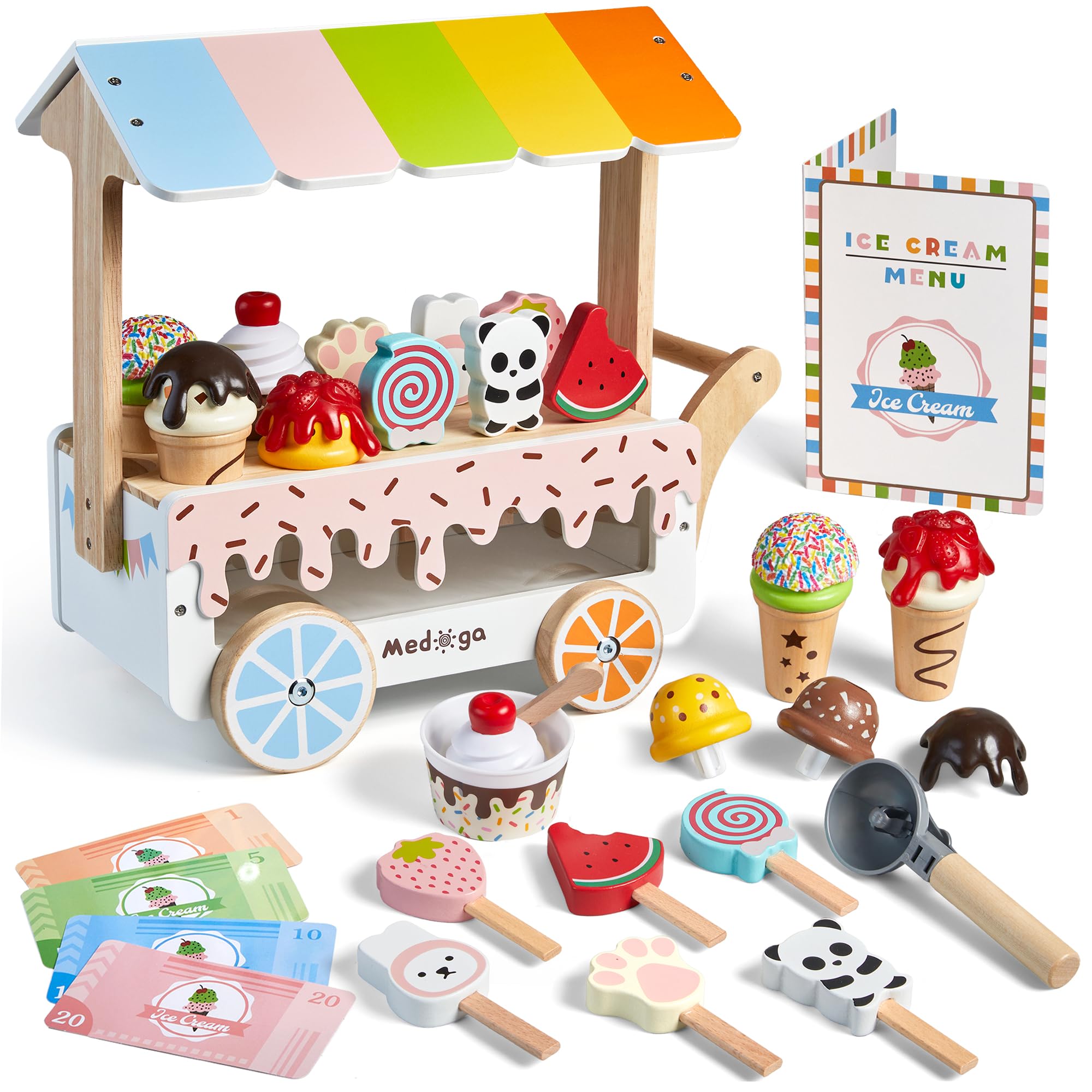 Wooden Ice Cream Cart Toy Playset with Ice Cream Toys Pretend Play Food Truck Play Kitchen Accessories with Ice Lolly & Scoop & Menu Wooden Toys Gift for 3 4 5 6 7 8 Year Old Girls Boys