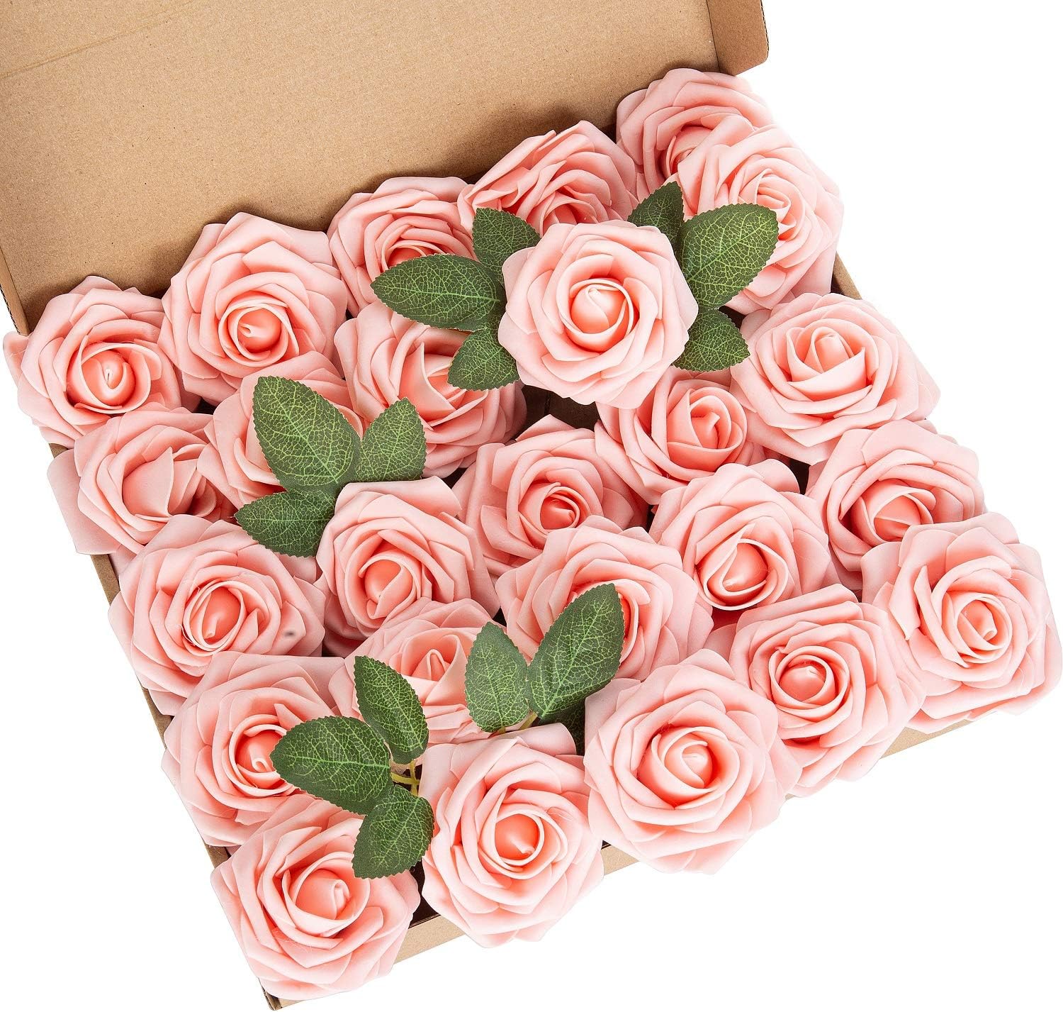 LuLuHouse 25pcs Artificial Flower Foam Rose Peach Pink Real Touch Roses Flower Heads with Stem for DIY Wedding Bouquets Centerpieces Arrangements Party Baby Shower Home Decor (25, Peach Pink)