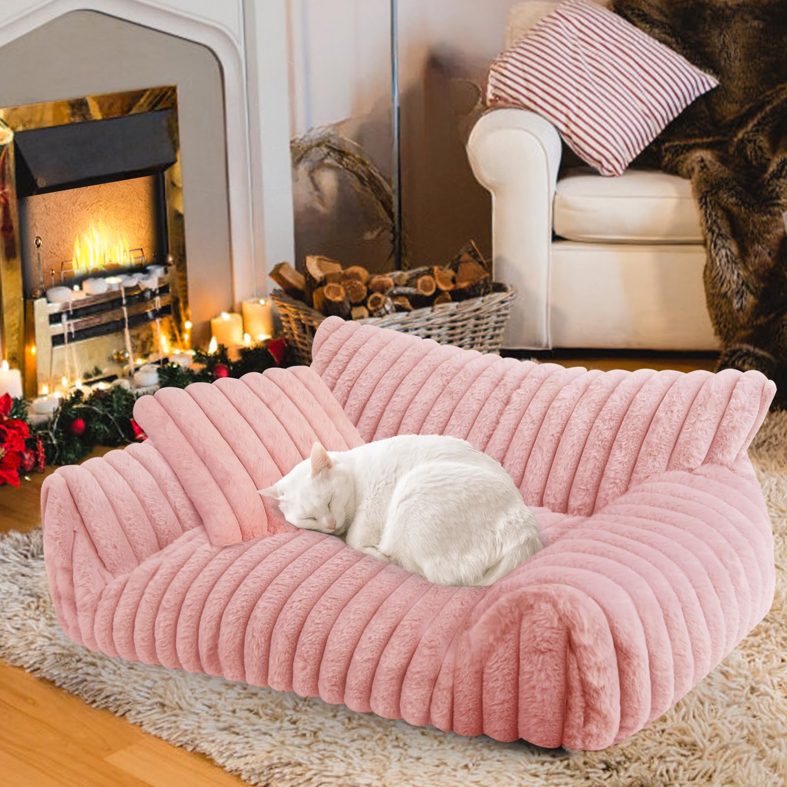 Photo 1 of Cute Cat Couch Bed for Indoor Cats, Fluffy Pet Cat Sofa with Premium Soft Corduroy Fleece, Cute Small Dog Beds for Small Dogs, Fuzzy Puppy Chair with Removable Washable Cover (30x20x10,Pink)