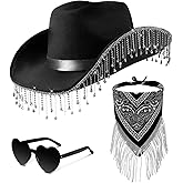 Leumoi 3 Pcs Rhinestone Cowgirl Hat with Fringe Rhinestone Bandana and Heart Sunglasses Bling Diamond Fringe Cowboy Hat