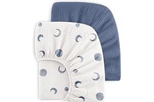Bearmoss Muslin Crib Sheets 100% Cotton Baby Crib Sheets Soft&Breathable Nursery Sheet 52"x28" for Standard Crib Mattress&Toddler Bed Mattress - 2 Pack (Blue Crescent)