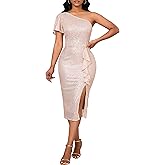 VERWIN Women's One Shoulder Sequins Dress Short Sleeve Ruffle Bodycon Dress Sparkly Split Casual Party Cocktail Midi Dress