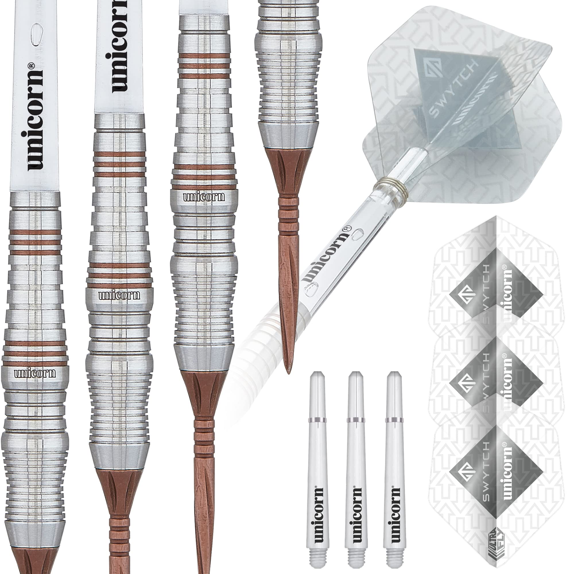 Unicorn Steel Tip Darts Set | Swytch | 80% Natural Tungsten Barrels with Rosso Accents & Rosso Volute Converta Points | 23 g