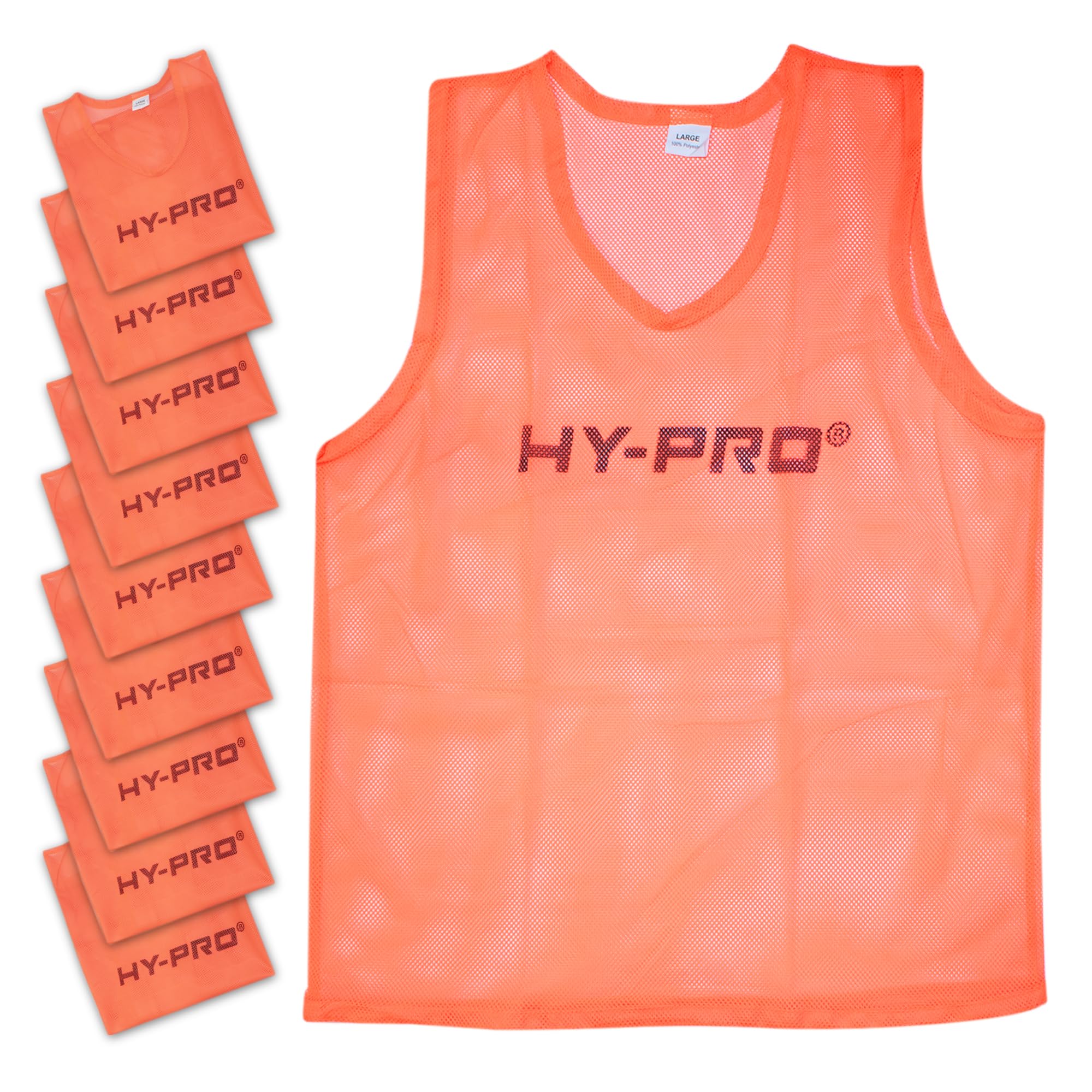 Hy-Pro Training Bibs, Pack of 10, Large Size, Orange Mesh, Sports Practice Vests, Lightweight, Breathable, Football Rugby Sports Bibs, Training Equipment