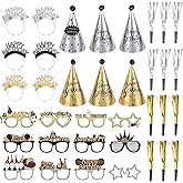 Koeilay 36 Pcs Black Golden Birthday Party Hats Set Includes 6 Party Cone Hats 6 Birthday Headband 12 Paper Glasses 12 Noise Makers Party Supplies for Photo Booth Props
