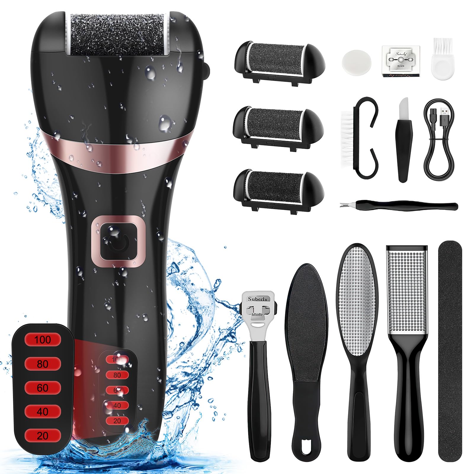 Wolady Electric Foot File, Hard Skin Remover Rechargeable Feet Scrubber Shaver Waterproof Callus Remover for Dry Dead Cracked Feet with 3 Roller Heads, Black