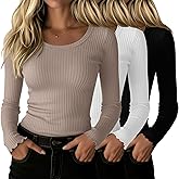 Velvelhall 3 Pack Cotton Womens Ribbed Shirt Long Sleeve Undershirt Crewneck Fitted Tops Stretch Knit Lettuce Trim Casual Tee
