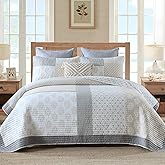Finlonte Quilt Set King Size - 100% Cotton King Comforter Set, Patchwork Bedspread Reversible Lightweight Bedding, Moonbeam Grey White Floral Quilts for King Bed All Season, 3 Pieces
