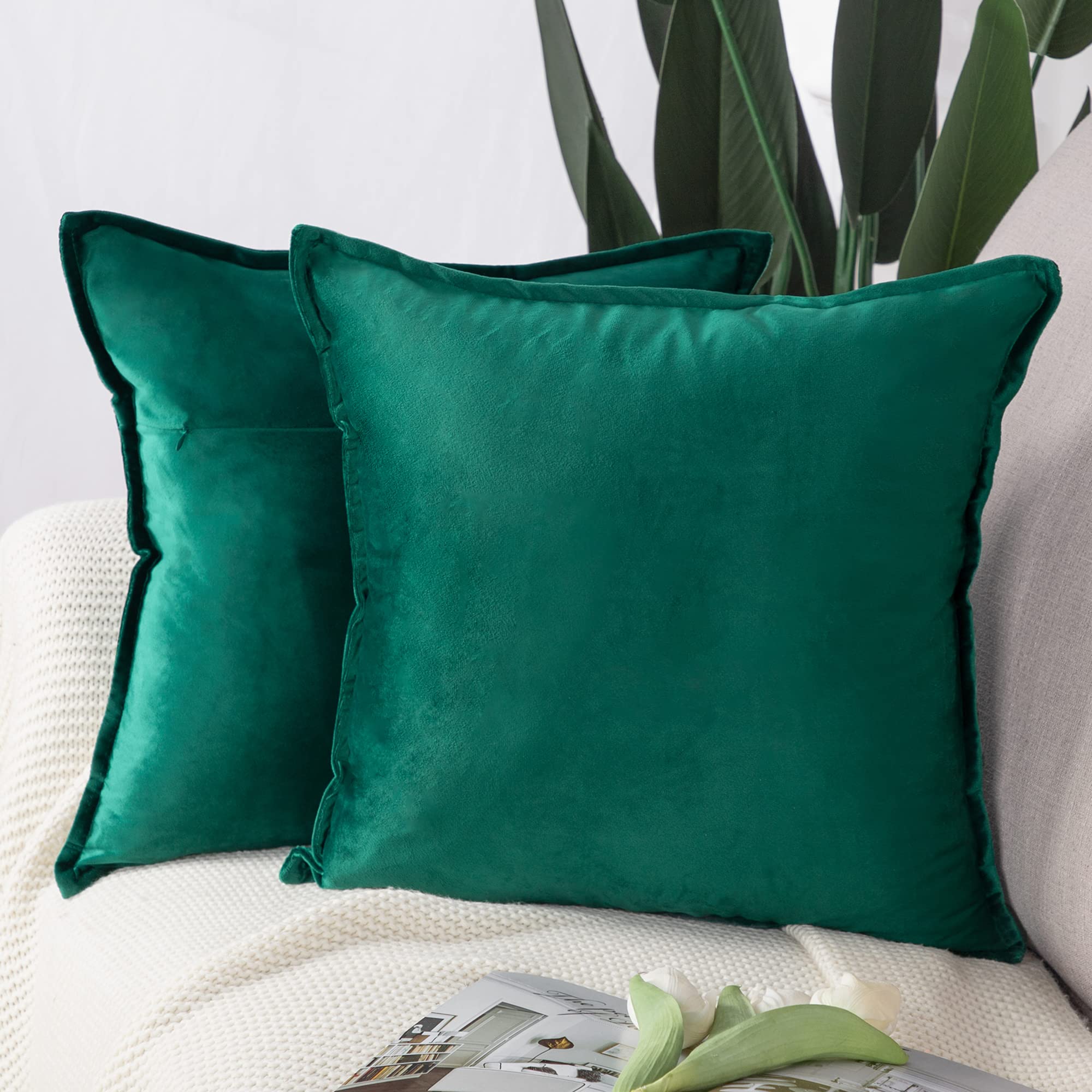 Madizz Pack of 2 Super Soft Velvet Decorative Cushion Covers with Fringe Luxury Style Cushion Case Pillow Shell for Sofa Bedroom Square Green 16x16 inch, 40x40 cm